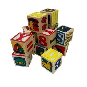 Lot 13 Vintage Wooden Blocks ABC Alphabet Painted Pictures Bright Primary Colors
